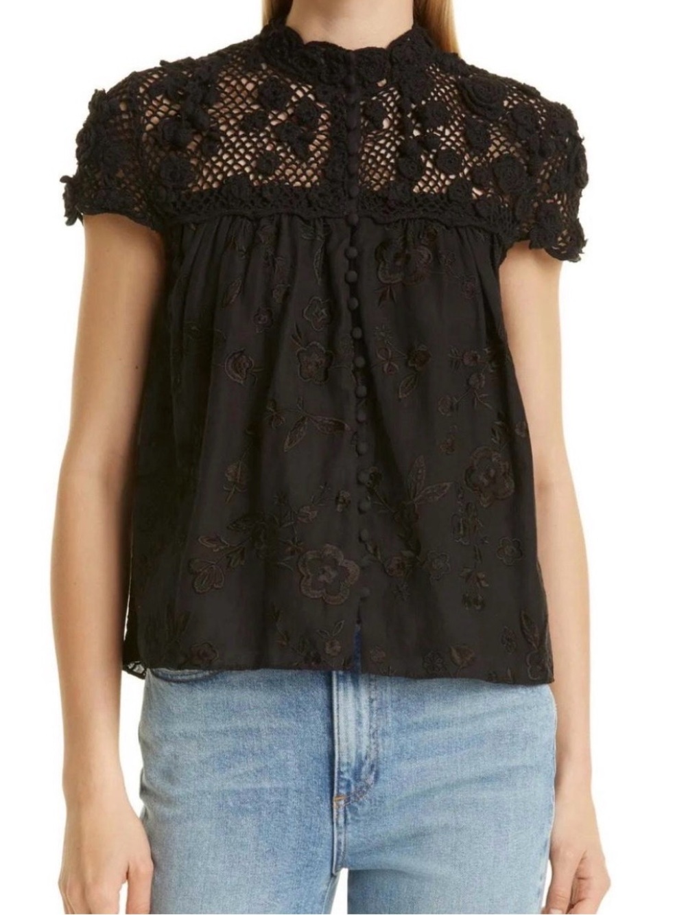 Alice + Olivia Black Crocheted Lace-Up Open-Knit Top